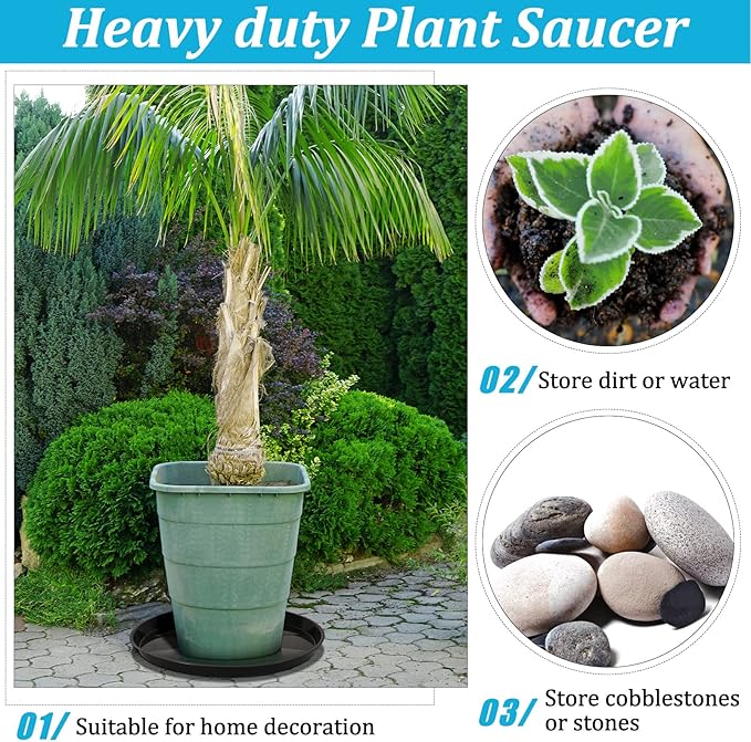 Eccliy 6 Pack Plastic Plant Saucer Heavy Duty Planter Saucers Large Plant Pot Saucers Plastic Water Trays for Indoors and Outdoors Flower Plant Plant Drip (Black,23 Inch)