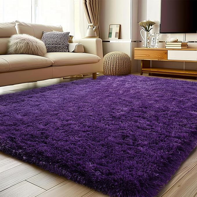 Soft Purple Rugs for Bedroom, Shag Fluffy Washable 4x6 | Upgrade Non-slip, 4 x 6 Shaggy Rugs for Living Room, High Pile Fuzzy Plush Carpet Kids Room Dorm, Flame Resistant