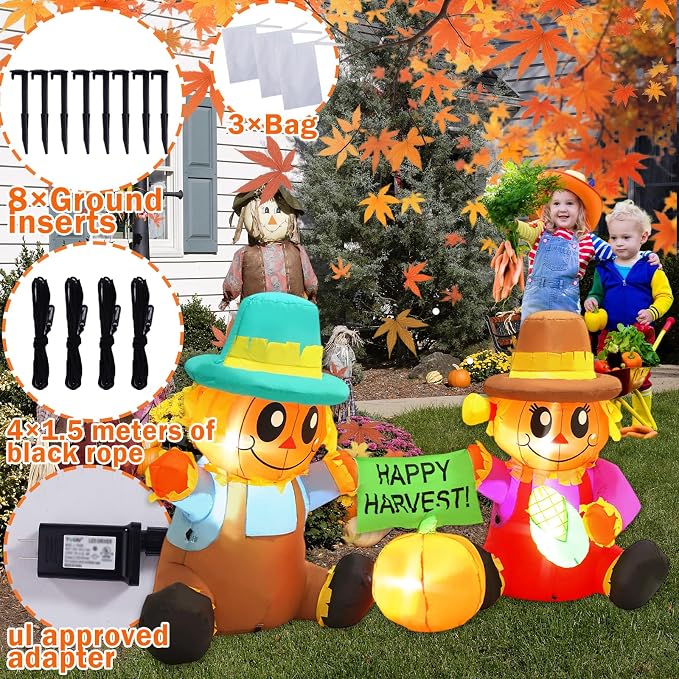 6FT Long Fall Inflatables Outdoor Decorations, Inflatable Scarecrow and Pumpkin, Built-in LED Fall Autumn Harvest Thanksgiving Inflatables Blow Ups for Outside Yard Garden Lawn