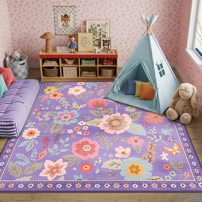 RELEANY Floral Washable Square 6ft Area Rug Purple/Pink | Flower Carpet, Print, Boho, Non-Slip, Easy to Clean, Soft, Low Pile for Living Room Bedroom Kitchen Office Entryway Hallway