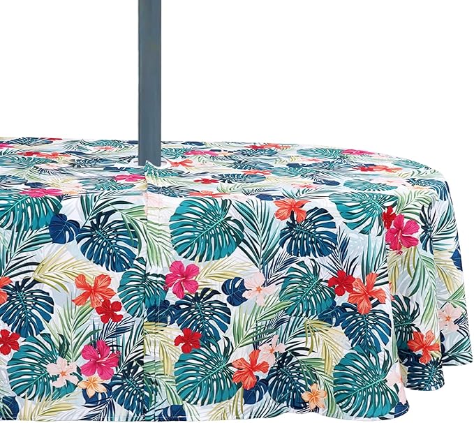Oval Outdoor Tablecloth with Umbrella Hole and Zipper, Patio Table Covers for Spring/Summer, Machine Washable Outdoor Party/Picnic Oval Table Cloth