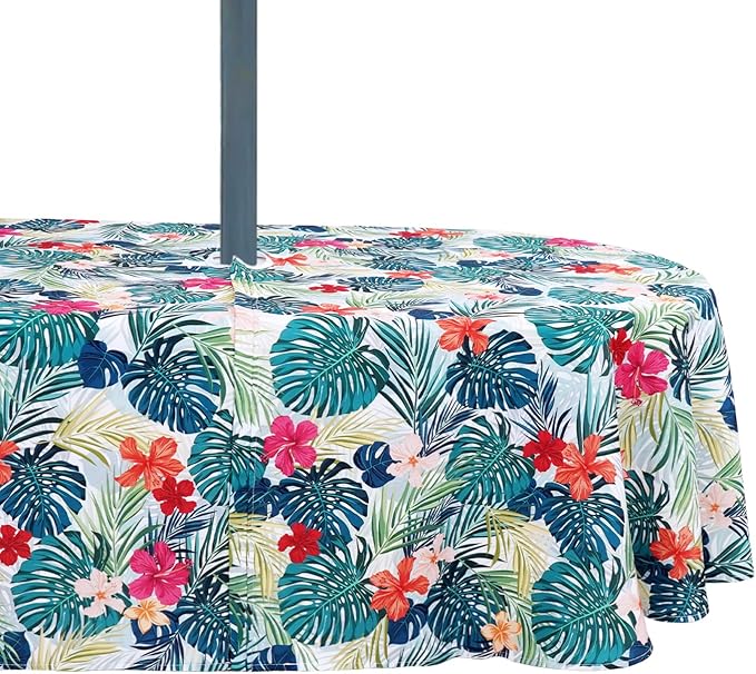 Oval Outdoor Tablecloth with Umbrella Hole and Zipper, Patio Table Covers for Spring/Summer, Machine Washable Outdoor Party/Picnic Oval Table Cloth