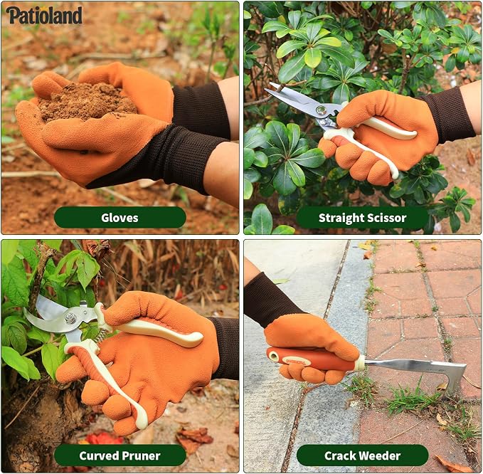 10-Piece Brown Garden Tool Set, Patioland Aluminum Gardening Hand Tools Kit W/Ergonomic Non-Slip Handles,Organizer Tote Bag, Apron, Gloves,Complete Starter Garden Supplies Gardener Gift for Women Men
