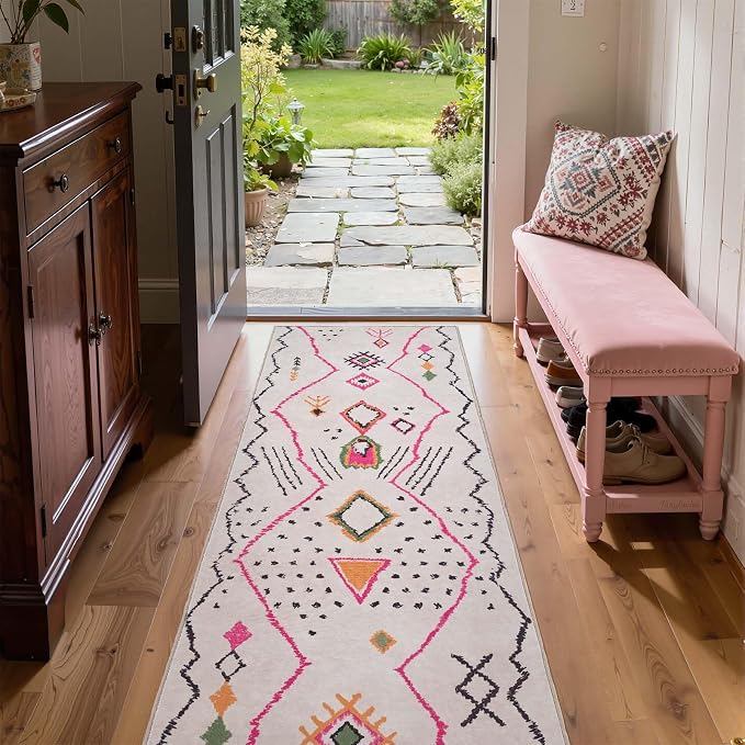 jinchan 2x6 Runner Rug Hot Nerd Boho Geometric Washable Hallway Rug, Beige | Tribal Inspired, Irregular Lines, Diamond Accents, Washable, Soft Touch, Non-Slip, Low Pile, Entryway, Kitchen, Bedroom