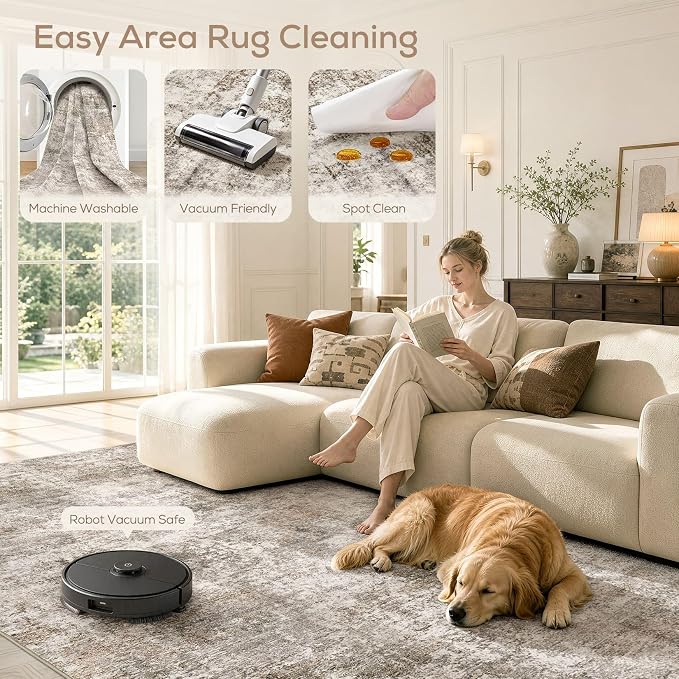 Nakagishi 8X10 Abstract Washable Area Rugs for Living Room-Brown | Modern Non-Slip Silicone Backing Low Pile Soft Carpet for Bedroom Dining Decor Ideal for Families with Kids and Pets