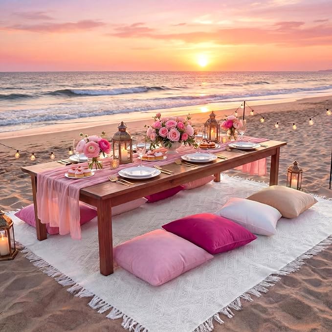 Moukeren 10 Pcs 71''x102'' Extra Large White Outdoor Boho Picnic Blanket with Table Runner and 8 Throw Pillow Covers Oversized Washable Portable Beach Blanket for Picnic Camp Lawn Wedding
