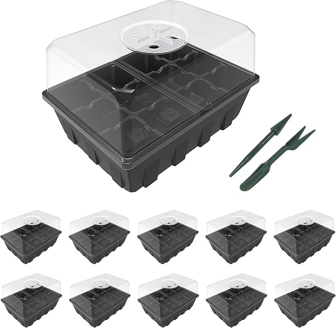 Gardzen 10 Pack Seed Starting Tray, Plant Germination Trays, Seed Starter Kit with Adjustable Humidity Vented Dome for Indoor&Outdoor Use, Plant Growing Kit 6.6" x 4.5", Total 120-Cell, Clear