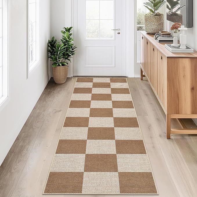 Garvee 2x6 Runner Rug Kitchen Rugs Non Slip Washable Easy Jute Rug, Brown | Modern Checkered Rug Hallway Runner Rug Stain Resistant Easy Cleaning Non Shedding Floor Cover for Laundry Entryway