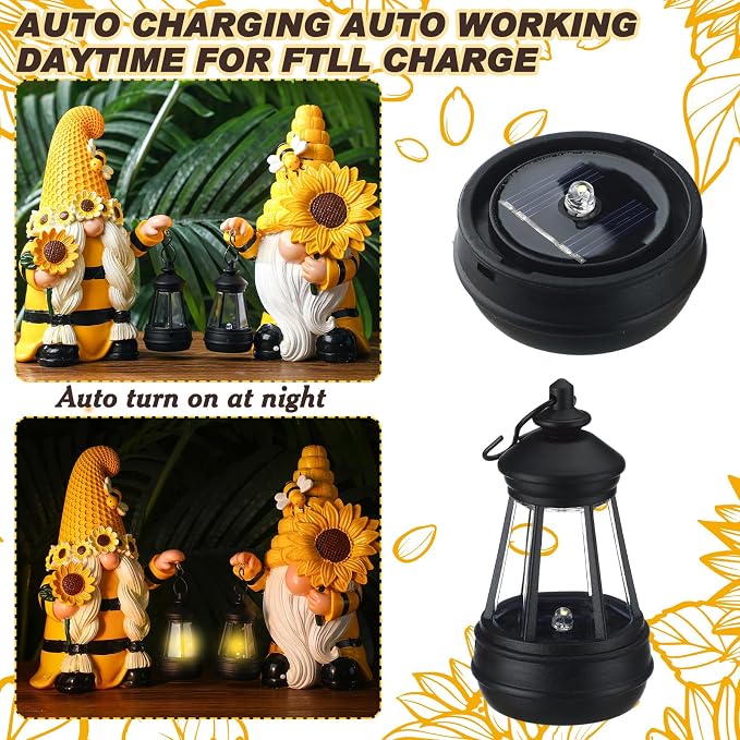 Suzile 2 Pack Sunflower Bee Gnome 9.4 Inch Garden Outdoor Statue Solar with Lantern Lights Gnomes Gifts for Women Outside Sunflower Bee Figurine for Yard Courtyard Lawn Patio Porch Decor