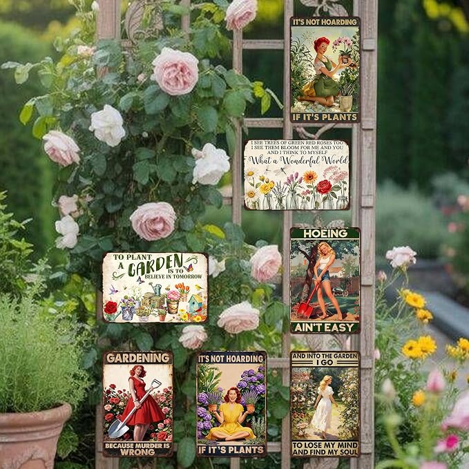 Funny Garden Metal Signs Decorative Outdoor 5 Pack Greenhouse Decorations Gardening Decor For Women Yard Tin Signs Green House Accessories For Outside Garden Sign Gardening Gifts 8x12 In