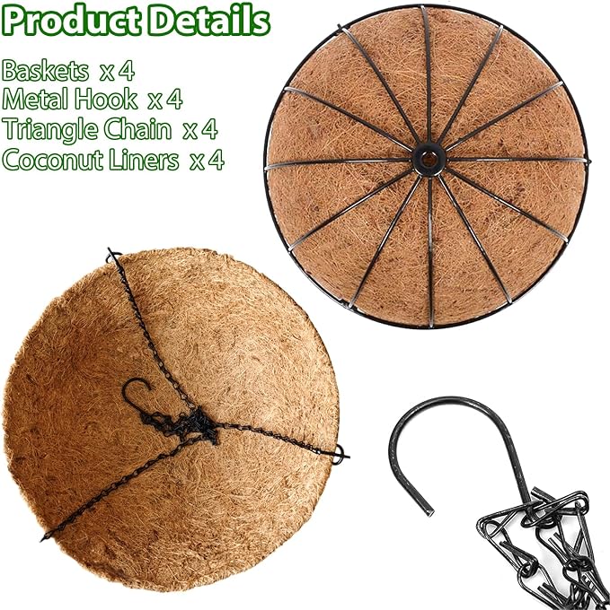 LCHUANG Hanging Baskets Planter for Plants - 4 Pack 14 Inch Metal Baskets with Coco Coir Liner, Hanging Flower Pots for Outside with Chain, Indoor Outdoor Garden Porch Decoration (14'' Pack of 4)