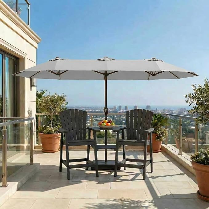 15FT Large Patio Umbrella with Base Included, Double Sided Outdoor Market Umbrella with Flexible Fiberglass Ribs, UV-Blocking Extra Large Umbrella for Garden, Pool, Deck, Light Gray