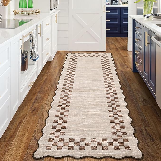GarveeHome Washable Runner Rug 2x10 Modern Bordered Hallway Runner Rug | Non Slip Kitchen Throw Carpet, Checkered Entryway Runner Rugs, Low Pile Solid Rugs for Living Room Bedroom Nursery, Beige
