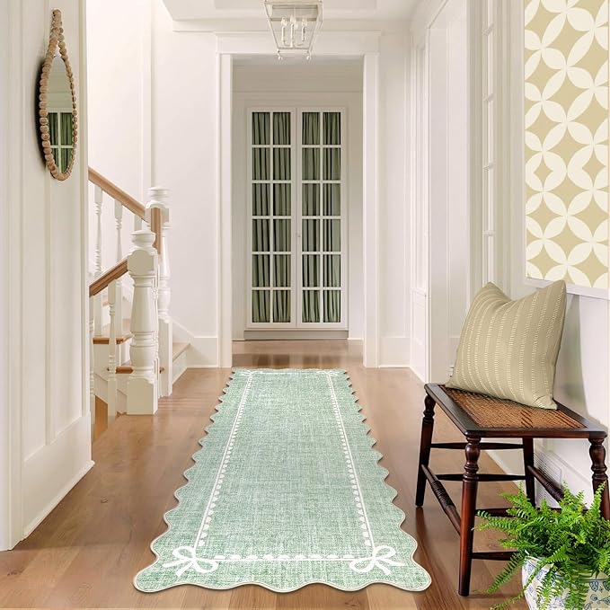 GarveeHome Scalloped Hallway Runner Rug 2.5x10 Non Slip Sage Green Rugs | Washable Bow Rug for Girls Bedroom Dorm Nursery Entyrway Kitchen, Soft Low Pile Ultra-Thin Stain Resistant Indoor Carpet