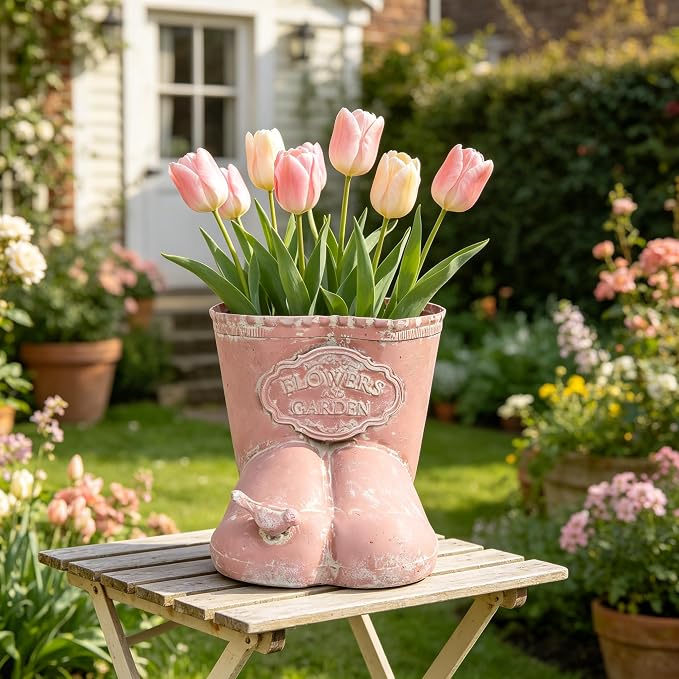 Vintage Distressed Boot Planter, Rustic Flowers & Garden Metal Rain Boot Plant Pot, Farmhouse Succulent Herb Planter for Indoor Outdoor Home Garden Patio Decor (Pink - Small)
