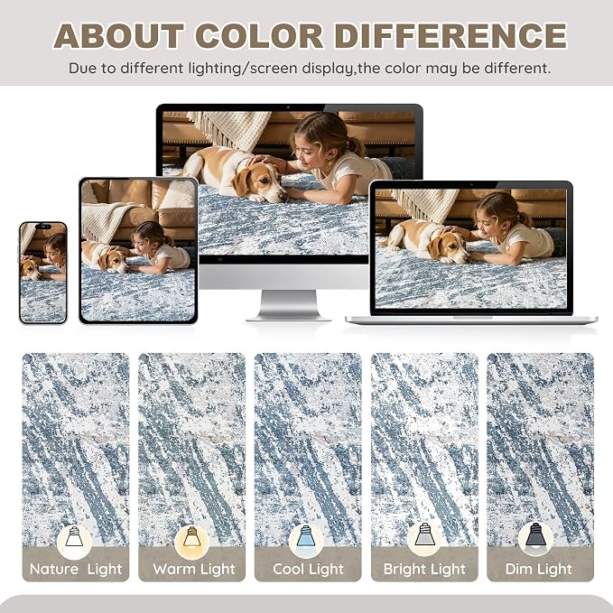 DMOYEST 7x9 Area Rug for Living Room Washable Abstract Indoor Carpet | Neutral Modern Low Pile Rugs Kid & Pet Friendly Large Soft Thin Carpet for Bedroom Dining Room and Office - Blue Light