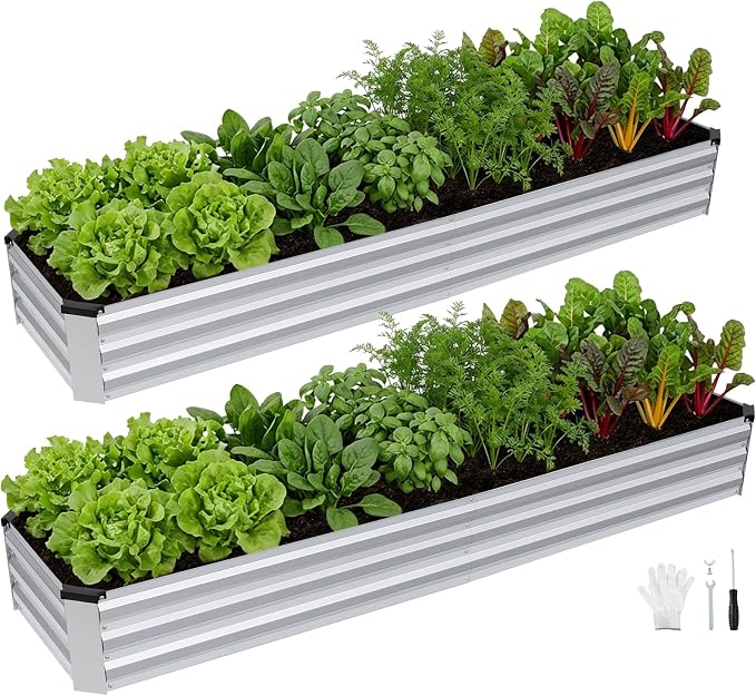 INNO STAGE Galvanized Raised Garden Bed Kits, 8x2x1ft Metal Raised Garden Beds Outdoor, Large Steel Raised Planter Bed with Gloves for Vegetables & Flowers Patio Ground Planter Box(Silver, 2PCS)