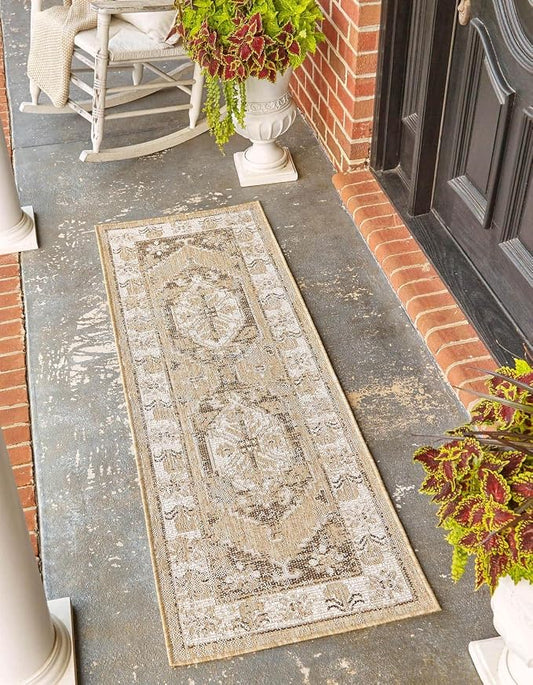 Unique Loom Outdoor Traditional Collection Area Rug - Valeria (2' 7" x 12' 2" Runner, Natural/ Ivory)