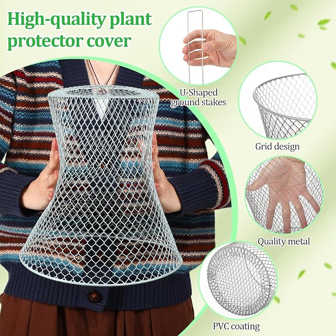 Therwen 6 Pcs Large Plant Wire Cloche 11 x 12 Inch Metal Garden Cloche with Garden Stakes Plant Protector from Animals for Keeping Bunnies Chicken Squirrels Birds (Silver)