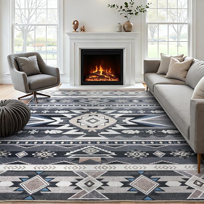 6x9 Western Rustic Aztec Area Rug for Living Room Bedroom Dining Room | Southwestern Tribal Grey Low Pile Faux Wool Rug, Machine Washable Non-Slip Carpet for Living Room Dining Bedroom