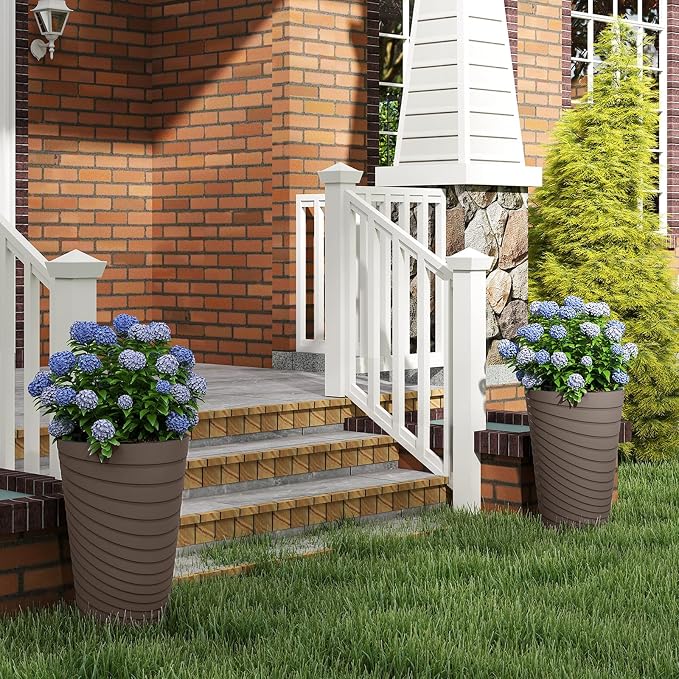 Giantex 18" Tall Flower Pot Set of 2, Modern Decorative Planter Pots w/Insert Bucket, Handle, Drainage Holes, Round Spiral Textured Flower Pots for Outdoor Indoor Garden Patio Front Porch (Brown)