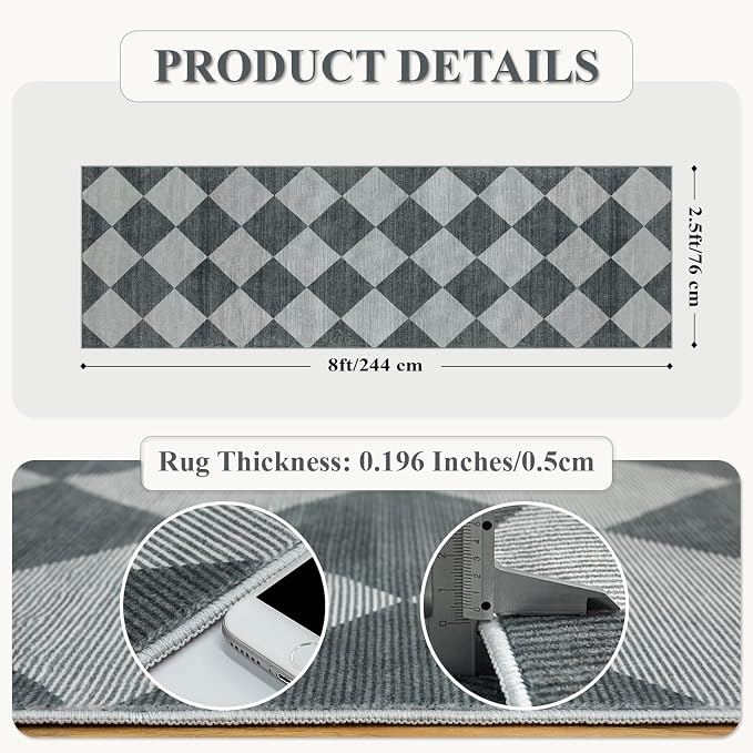 Beeiva Checkered Print Hallway Runner Rug 2.5x8, Ultra Thin Kitchen Runner Rugs Non Skid Washable 8ft, Moroccan Plaid Design Floor Carpet for Entryway Bedroom Bedroom, Gingham Geometric Home Decor
