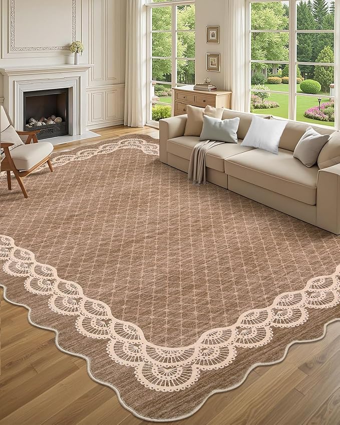 Garvee Scalloped Washable Area Rug 8x10 Rugs for Living Room Camel | Soft Non Slip Rugs for Bedroom, Low Pile Neutral Rug, Stain Resistant Foldable Carpet for Playroom Dorm, Farmhouse Rugs