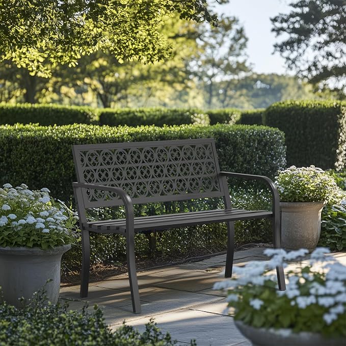 Outdoor Bench with Clover Back, Heavy-Duty Metal Frame Graden Bench, Weatherproof Patio Park Bench for Front Porch, Park, Yard, Patio