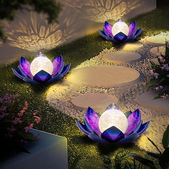 Huaxu Solar Lights Outdoor Decor, Purple Lotus Flower Light, Waterproof LED Crackle Globe Glass Lamp for Garden, Patio, Yard, Porch, Pathway, Ground, Tabletop Gifts for Mom,Women