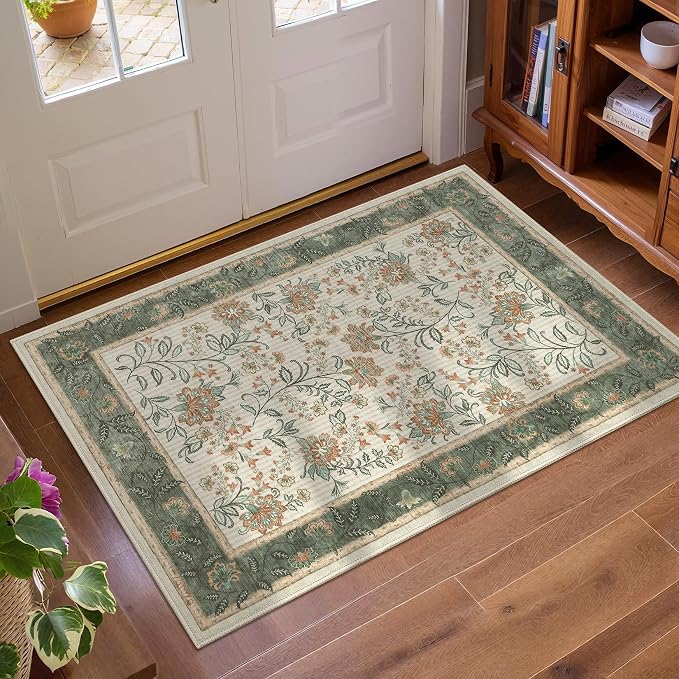 GarveeHome Small Sage Green Entryway Rug, 2x3 Washable Front Door Rug Indoor Entrance French Floral Carpet Non-Slip Beige Throw Rugs for Kitchen, Powder Room, Entry, Bathroom, Kids Room