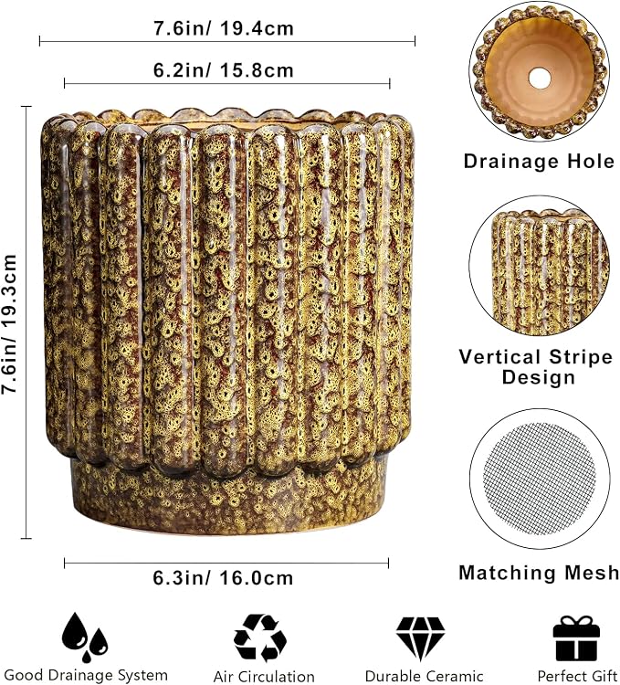 Ceramicfor Ceramic Planter, 7.6 Inch, Yellow | Round Flower Pot, Drainage Hole, Fluted Decorative Design, Indoor & Outdoor Use