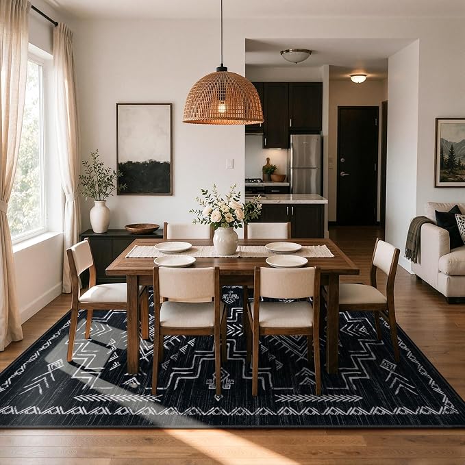 STARUIA Washable 8x10 Black and White Area Rug for Living Room, Western Aztec Tribal Moroccan Area Rug, Boys Neutral Rug for Bedroom, Non-Slip Large Carpet Under Dining Table Home Office