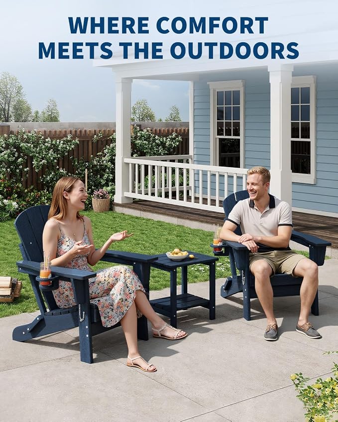 GarveeLife Folding Adirondack Chair Set of 4 with 2 Side Table, All-Weather HDPE Outdoor Chair, Wooden Textured with Cup Holder for patios, Decks, Gardens, fire pits, Navy Blue