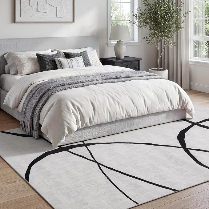 6x9 Washable Modern Abstract Black White Area Rug | Ultra-Thin Low Pile, Non-Slip TPE Backing, Soft Stain Resistant, Machine Washable, for Bedroom Livingroom High Traffic