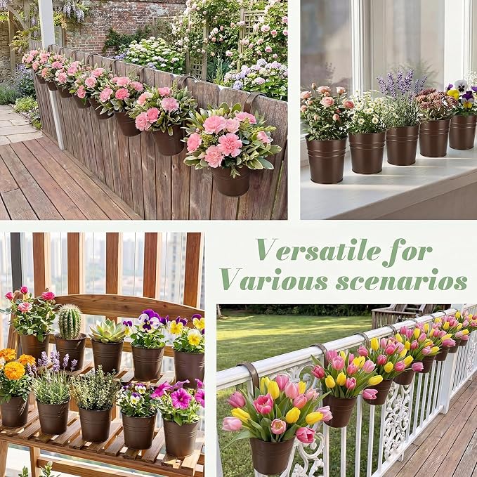 HowRU Hanging Flower Pots, Railing Planter Box for Outdoor Plants 12 Pack 5 Inch Metal Hanging Planters with Detachable Hooks Balcony Window Fence Garden Decoration Flower Boxes(Bronze(5in))