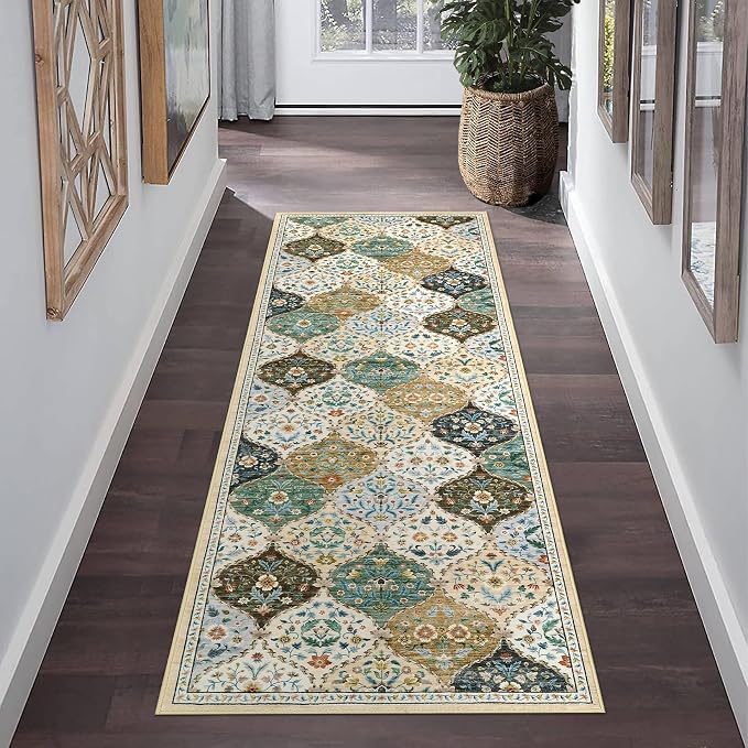 ROYHOME Runner Rug Trellis Washable Hallway Runner Rug for Entrance | Stain Resistant Non-Slip Distressed Floral Runner Carpet for Bedroom Laundry Kitchen Entryway, Beige/Taupe, 2' x 6'