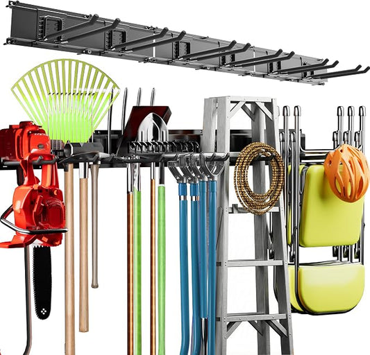 Garage Tool Organizer Wall Mount, 48" Heavy Duty Wall Tool Organizer Rack with 6 Hooks, Garage Storage Tools Hanger for Shovel, Rake, Folding Chair, Garden Tools, Lawn, Yard, Shed