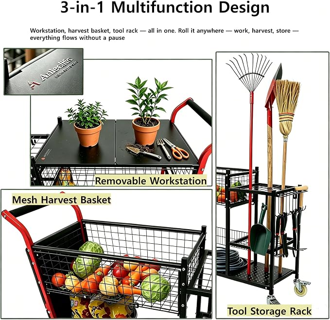 Anleolife 3-in-1 Garden Cart: Workstation, Harvest Basket & Tool Rack | 4IN swivel casters with brakes. Rust-resistant steel. Ideal for potting, transplanting, harvesting & tool storage