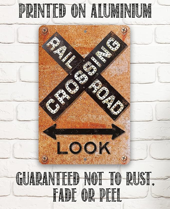 Railroad Crossing Sign - Rustic Train Terminal Decor, Vintage Railway Xing Signage for Bedroom or Man Cave, Nostalgic Street Sign and Gift Idea, Use Indoor or Outdoor Metal Sign 12x18