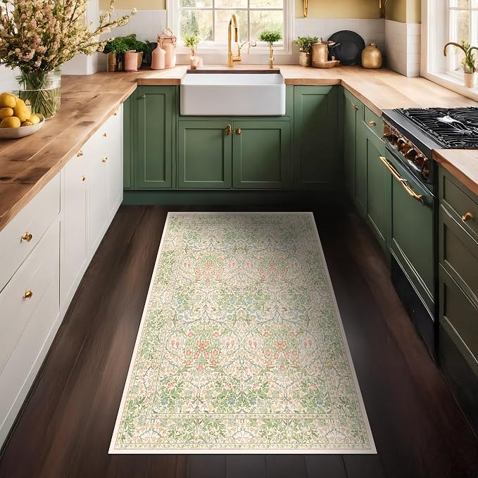 Washable Neutral Floral Living Room Rug, 3x5 Area Rugs for Bedroom, Nursery, Kitchen, Large Entryway, Vintage Non-Slip Throw Rug Low Pile Stain Resistant (3x5 Garden Green)