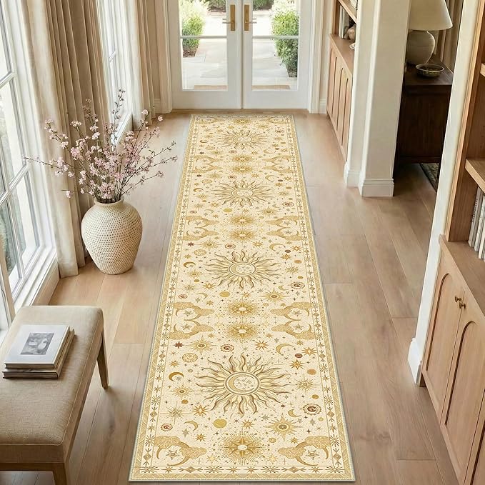 Vacuum-Friendly, 2x10 Washable Area Rug, Beige Camel Brown | Sun and Moon Boho Gothic Non-Slip Low Pile Living Roon Bedroom Dining Room Kitchen Entry Entryway Entrance Hallway Doormat