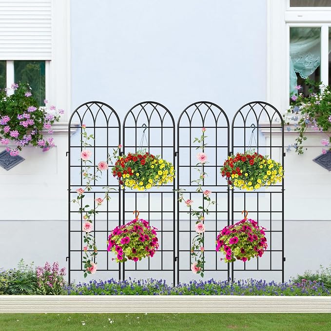 SUNYRISY 4Pack Metal Garden Trellis for Climbing Plants Outdoor, 59x16in Metal Plant Support for Flowers Tomato Cucumber Rose Vegetable Garden Courtyards Lawns Decoration, Black