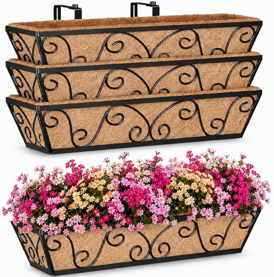 Y&M Railing Planter Boxes 24 Inch-4 Pcs, Adjustable Hanging Planters for Railing with Coco Liner, Heavy Duty Window Box Planters for Balcony, Deck, Porch, Patio
