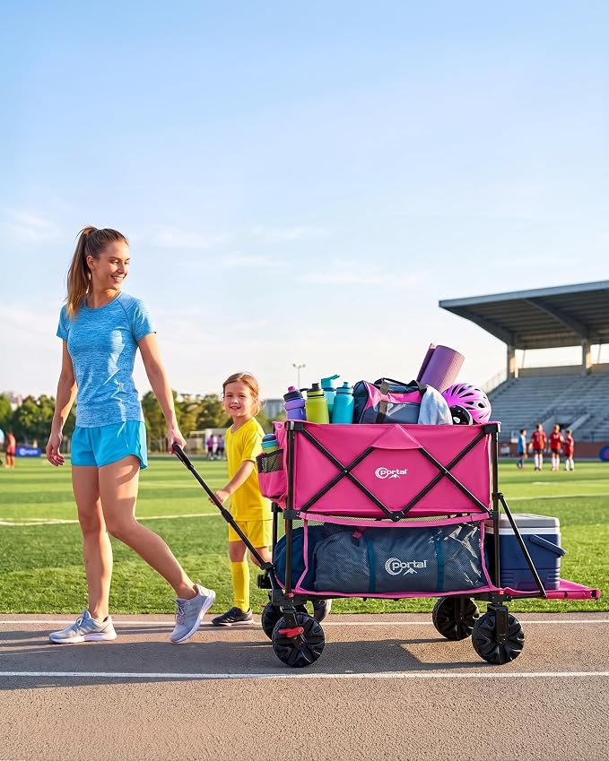 PORTAL 400L Heavy Duty Double Decker Wagon with Brakes, 54" Extra Long Extender Wagon Cart,660lb Collapsible Garden Car, All-Terrain Big Wheels for Camping, Sports, Shopping,Pink