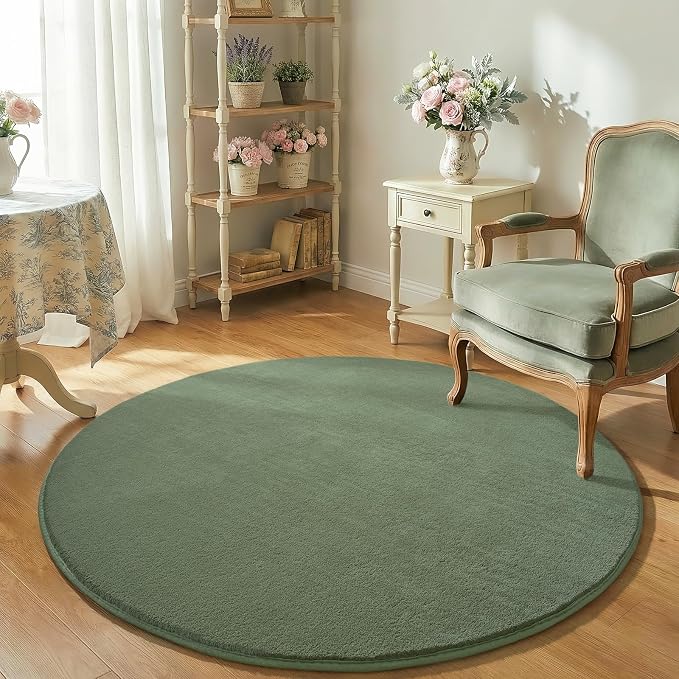 Amearea Sage Green Round Area Rugs 5ft Circle Rugs for Bedroom Living Room | Washable Fluffy Indoor Thickened Memory Foam Rug, Non Slip Minimalist Circular Carpet for Kids Boy Girl Dorm Nursery Room