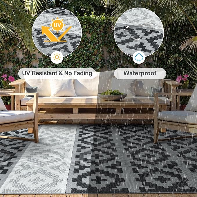 Anidaroel 6x9 Outdoor Rugs for Patios Clearance, Waterproof Reversible Plastic Straw Outside Area Rug, Camping Rugs for Outside RV, Large Outdoor Area Rug for Porch, Backyard (Black&Gray,6‘x9')