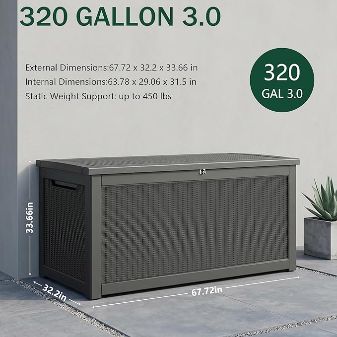Outdoor Storage Box, 320 Gallon Waterproof Deck Box [Upgraded 3.0], Dual Gas-Spring Ultimate Resin Organizer for King Cushions, Heavy-Duty Lockable Estate Storage Bench, Backyard BBQ, Black