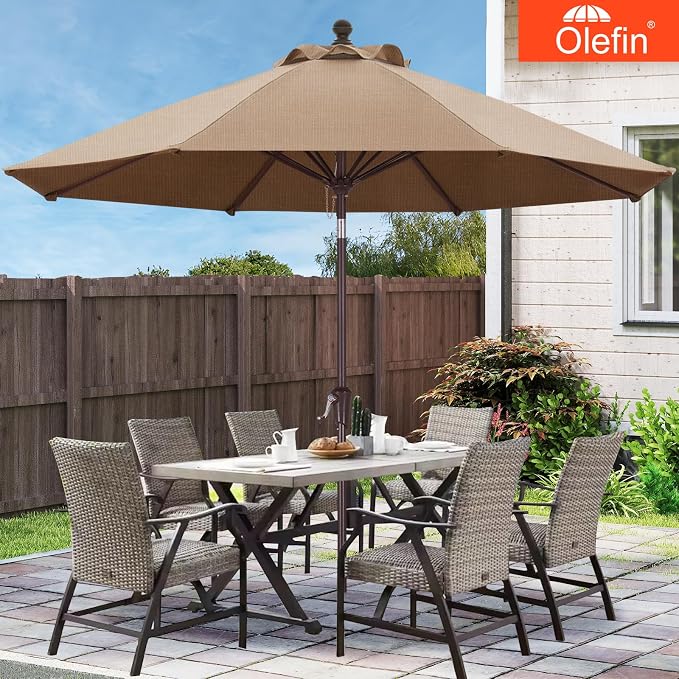 MASTERCANOPY Olefin 5-Year-Non-Fading 9ft Patio Umbrella with Tilt and Crank, Large UV Resistant Outdoor Table Umbrella with 8 Fiberglass Ribs for Deck, Yard & Market, Gray & Yellow Multi-Stripes