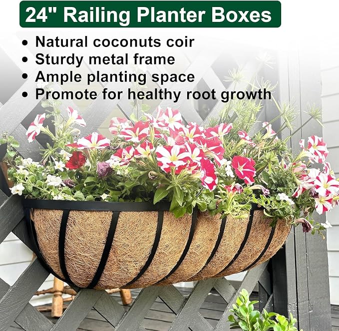 DUNCHATY 24 Inch Railing Planter 3 Pack - Adjustable Metal Window Box Planter with Coco Liner for Deck Balcony Porch Fence - Outdoor Hanging Flower Basket for Herbs & Flowers