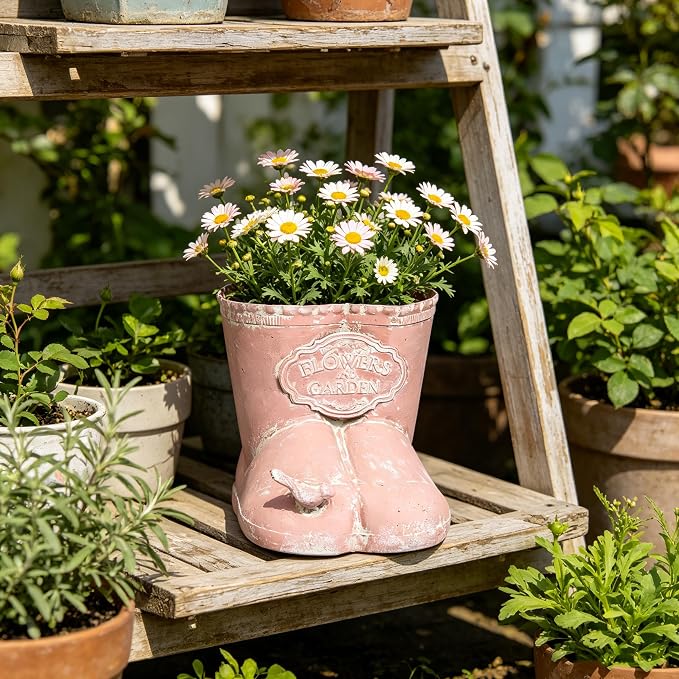 Vintage Distressed Boot Planter, Rustic Flowers & Garden Metal Rain Boot Plant Pot, Farmhouse Succulent Herb Planter for Indoor Outdoor Home Garden Patio Decor (Pink - Small)